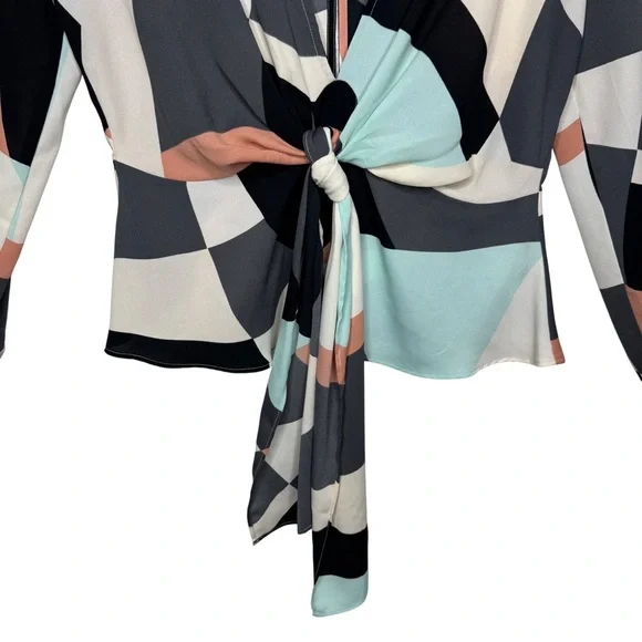 Forever 21 Geometric Color block Puff sleeves y2k baby doll Open back top sz L - Picture 6 of 9